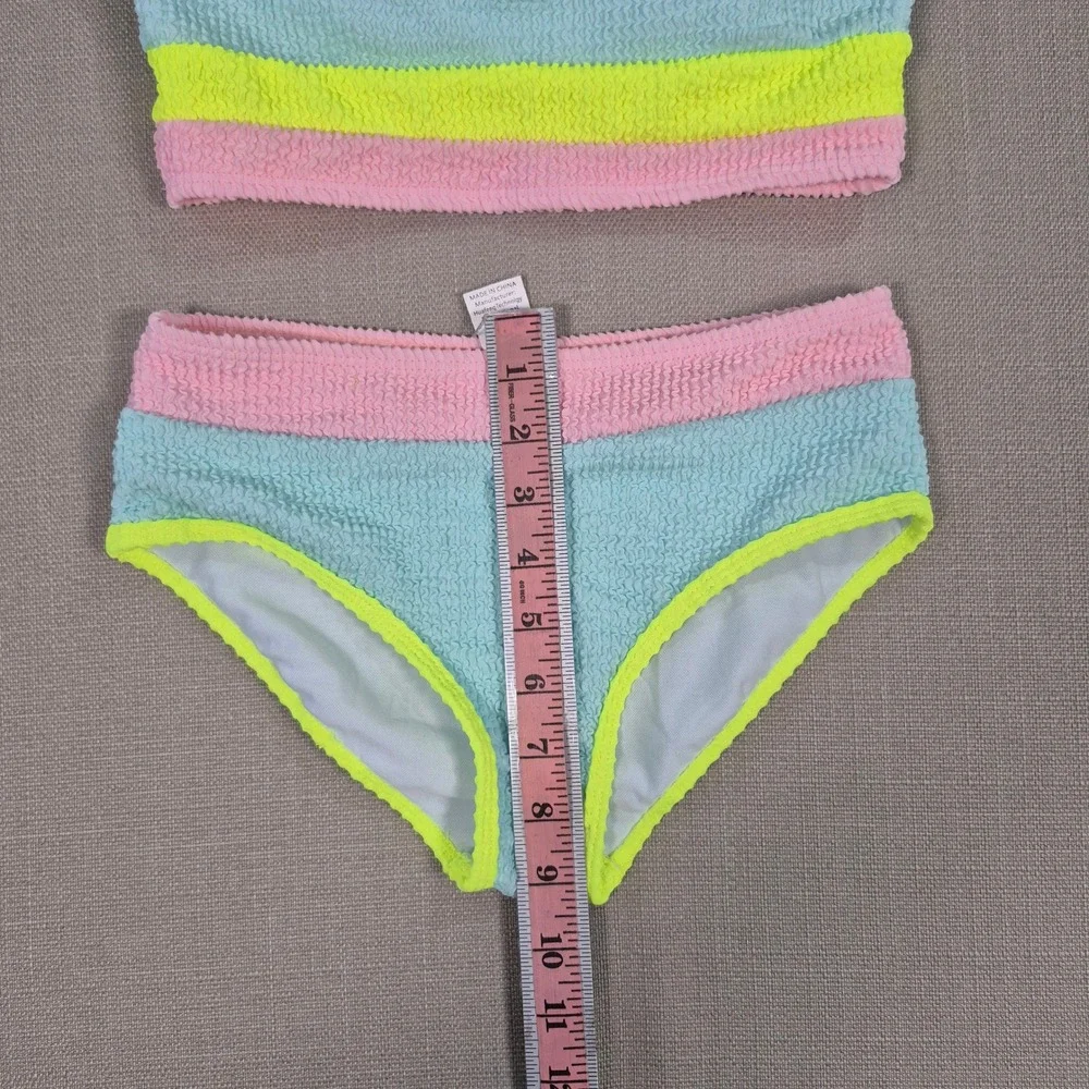 Girls Color Block Textured Bikini Set Blue Pink Neon Yellow Size 11-12Y NWOT